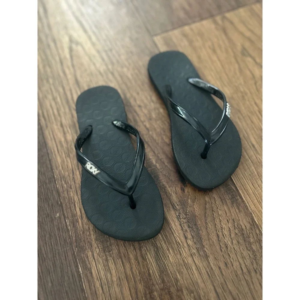 Roxy Girls Black Flip Flop Sandals Logo Thong Summer Beach Shoes Size 12-13